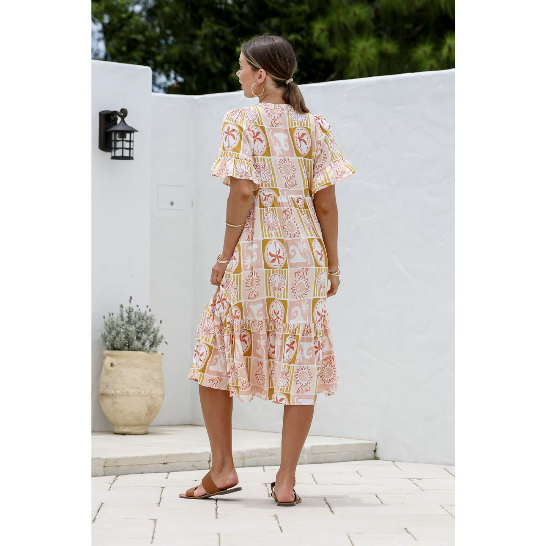 MIRACLE RUFFLE SLEEVE BUTTON TIER DRESS - SUNSET PALM PRINT [SZ:8]