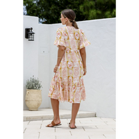 MIRACLE RUFFLE SLEEVE BUTTON TIER DRESS - SUNSET PALM PRINT [SZ:8]