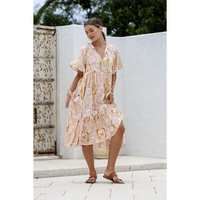 MIRACLE RUFFLE SLEEVE BUTTON TIER DRESS - SUNSET PALM PRINT [SZ:14]