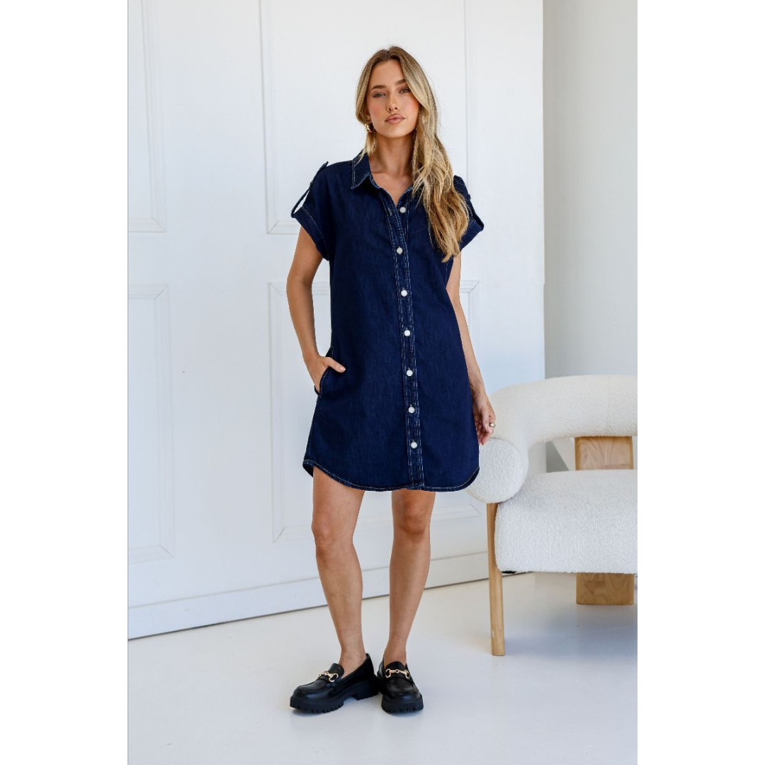 COUNTRY DENIM STRETCH MINI DRESS IN INDIGO