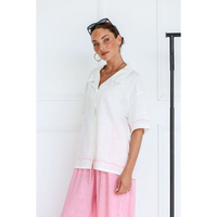 FOR FLORA ADELE SHIRT - WHITE WITH PINK EMBROIDERED TRIM [SZ:XS]
