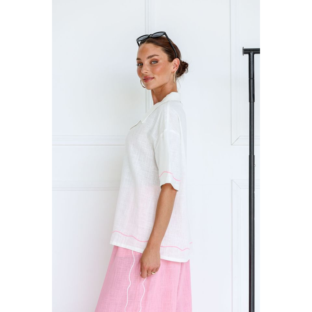 FOR FLORA ADELE SHIRT - WHITE WITH PINK EMBROIDERED TRIM [SZ:XS]