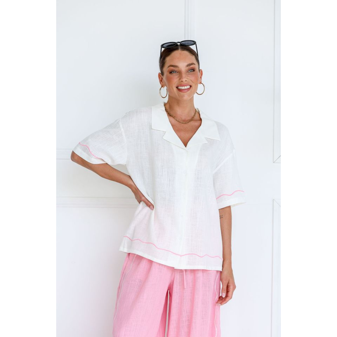 FOR FLORA ADELE SHIRT - WHITE WITH PINK EMBROIDERED TRIM [SZ:S/M]