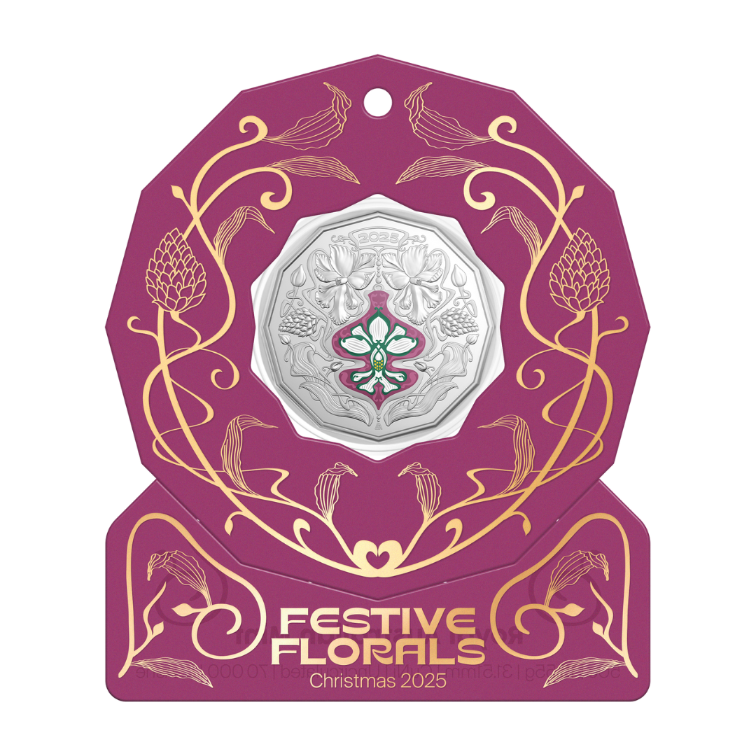 ROYAL AUSTRALIAN MINT 50 CENT 2025 UNCIRCULATED COIN - CHRISTMAS FESTIVE FLORALS