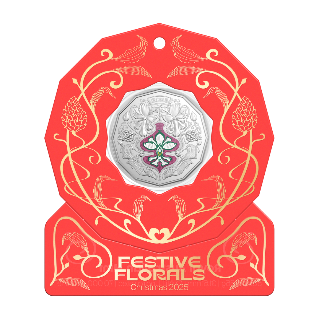 ROYAL AUSTRALIAN MINT 50 CENT 2025 UNCIRCULATED COIN - CHRISTMAS FESTIVE FLORALS