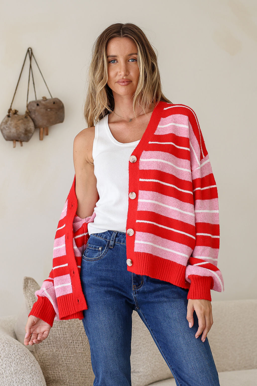 MISS MARLOW BEDFORD CARDI - RED & PINK STRIPE [SZ:S/M]