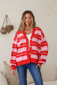 MISS MARLOW BEDFORD CARDI - RED & PINK STRIPE [SZ:M/L]