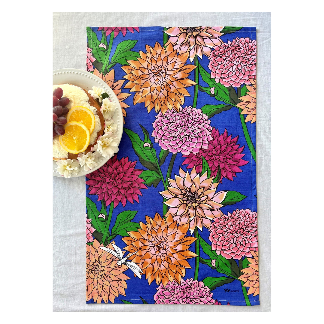 ALLGIFTS AUSTRALIA COTTON TEA TOWEL - DAHLIAS