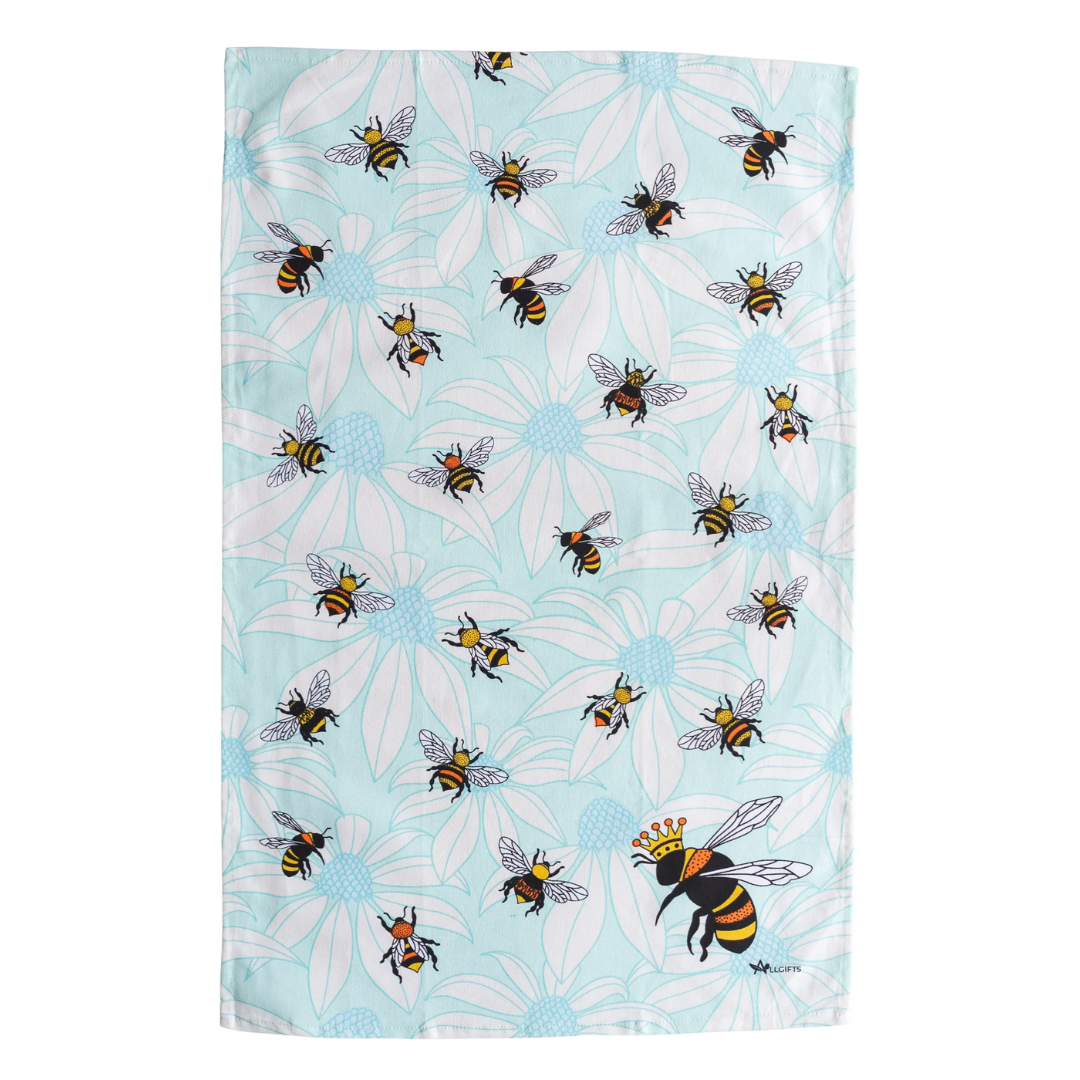 ALLGIFTS AUSTRALIA COTTON TEA TOWEL - FLORAL QUEEN BEES