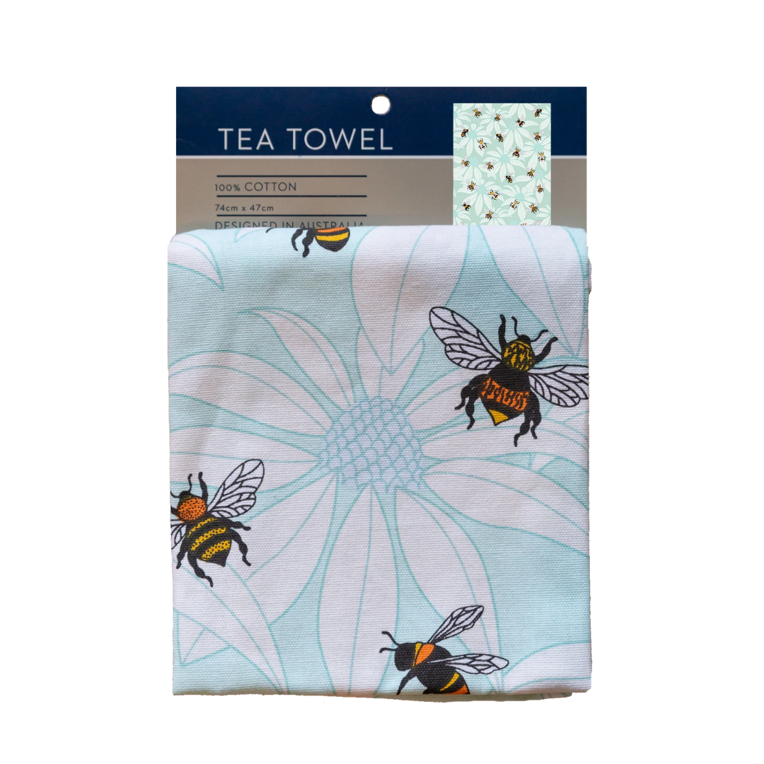 ALLGIFTS AUSTRALIA COTTON TEA TOWEL - FLORAL QUEEN BEES