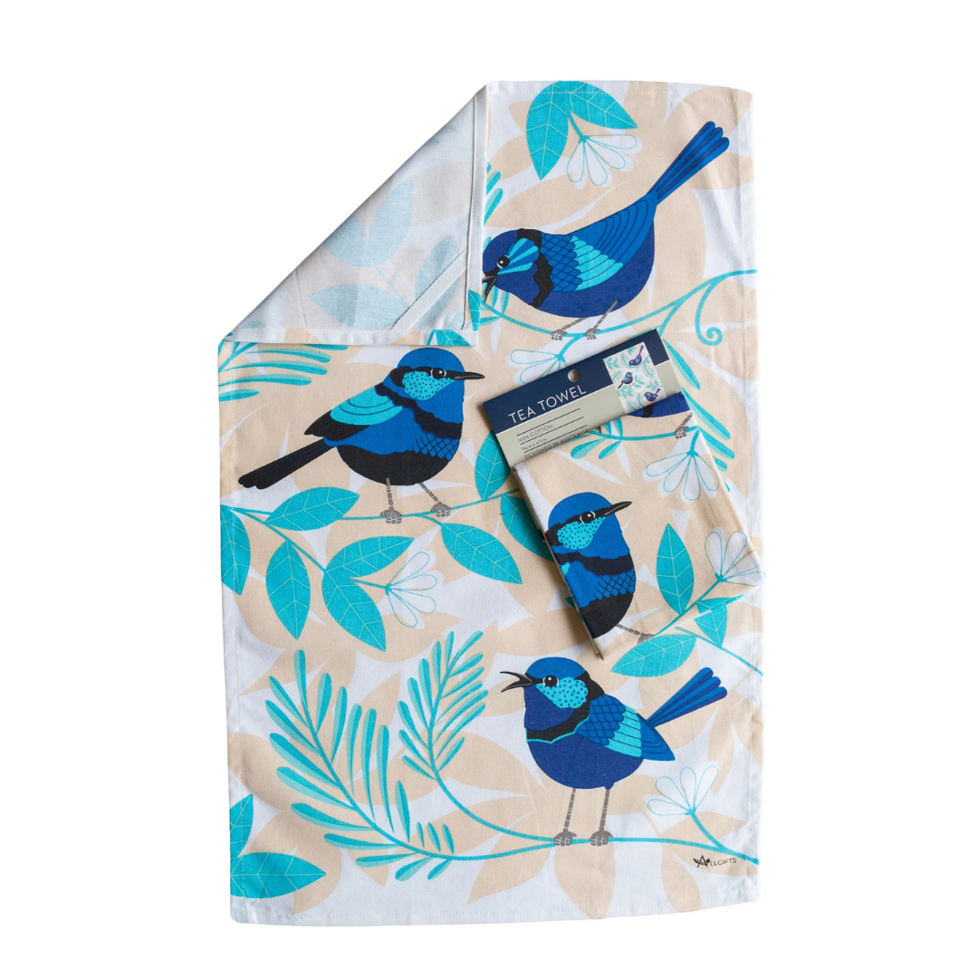 ALLGIFTS AUSTRALIA COTTON TEA TOWEL - BLUE WRENS