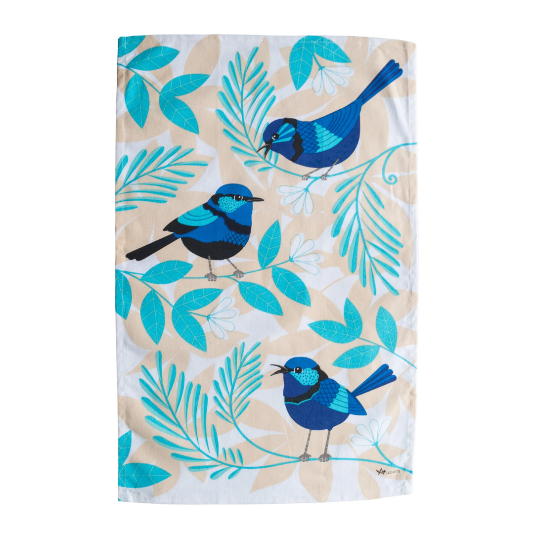 ALLGIFTS AUSTRALIA COTTON TEA TOWEL - BLUE WRENS