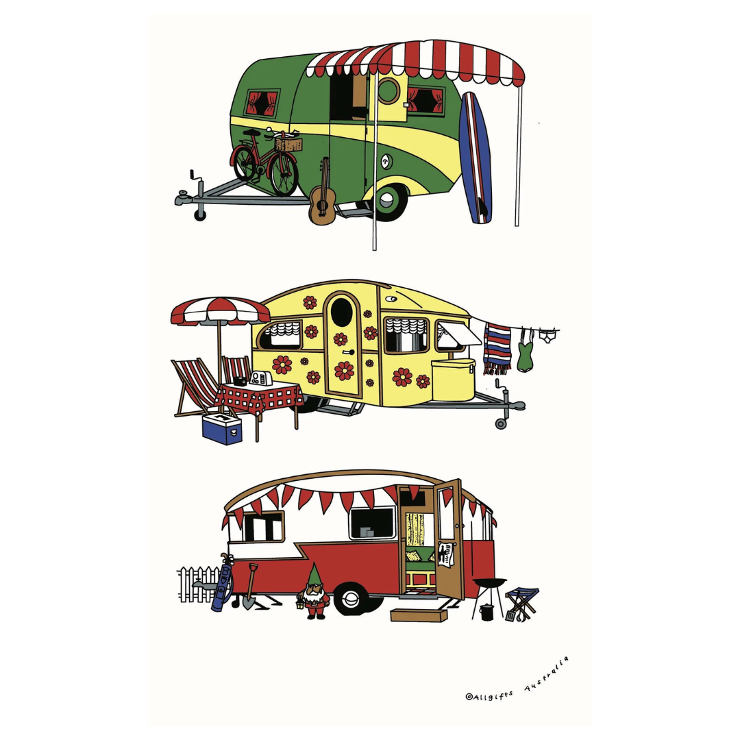ALLGIFTS AUSTRALIA COTTON TEA TOWEL - RETRO CARAVANS