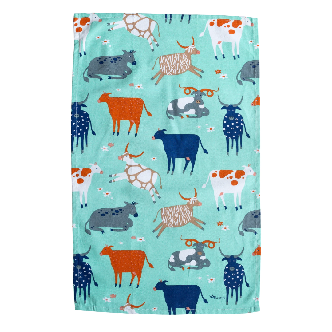 ALLGIFTS AUSTRALIA COTTON TEA TOWEL - GREEN COWS