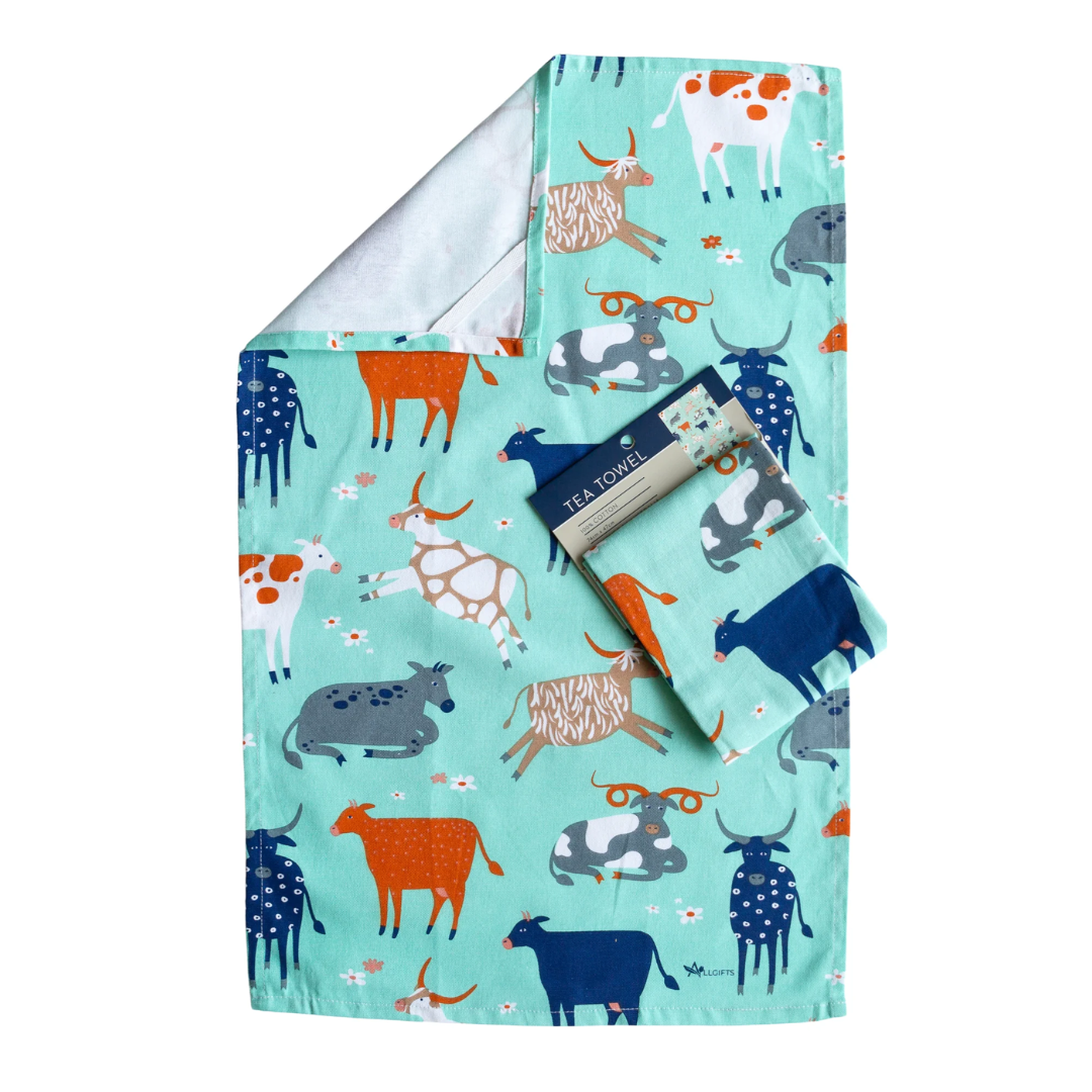 ALLGIFTS AUSTRALIA COTTON TEA TOWEL - GREEN COWS