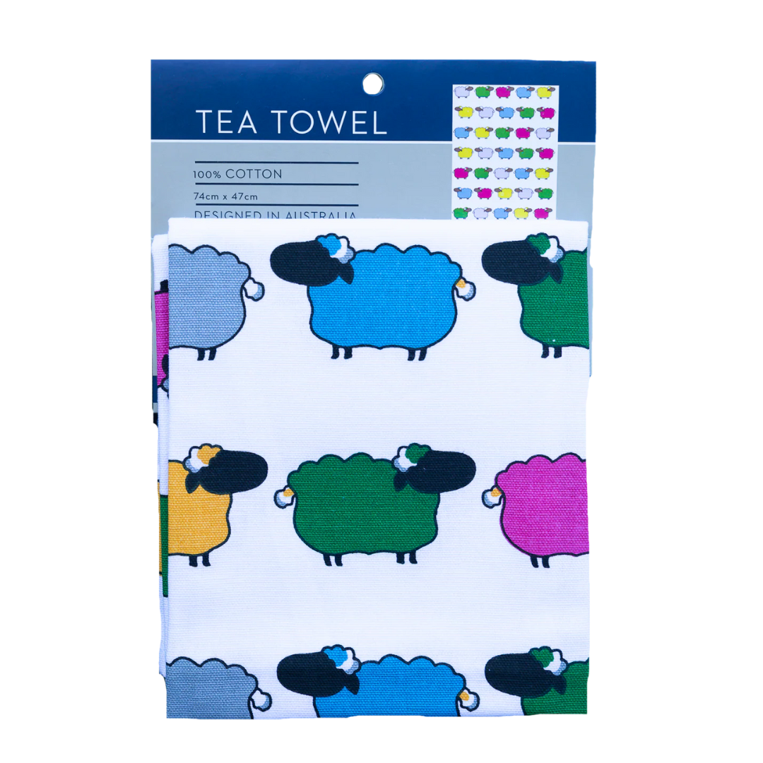 ALLGIFTS AUSTRALIA COTTON TEA TOWEL - COLOURED SHEEP