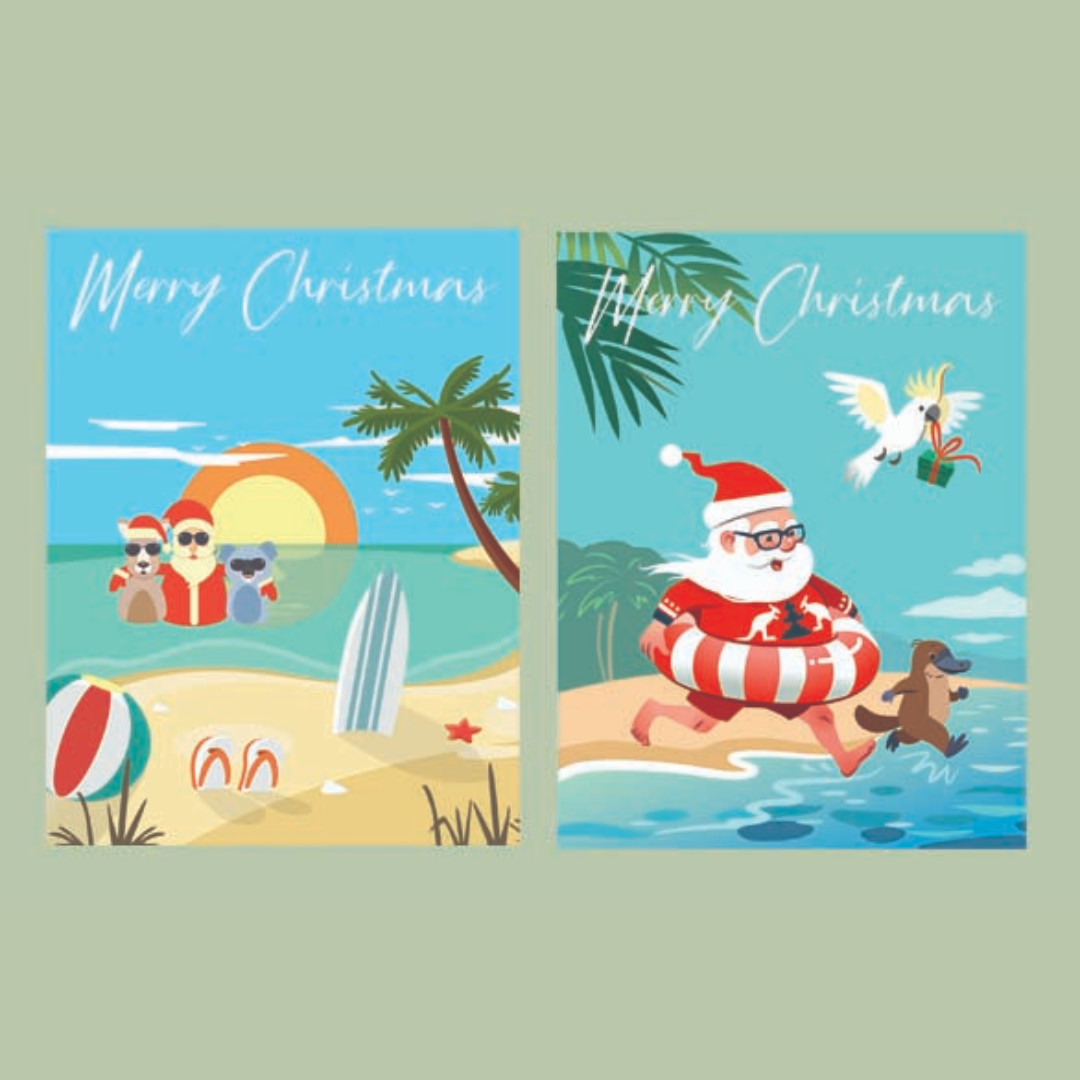 PAPERSTREET BOXED CHARITY CHRISTMAS CARDS 10pk 2 DESIGNS - AUSSIE SANTA