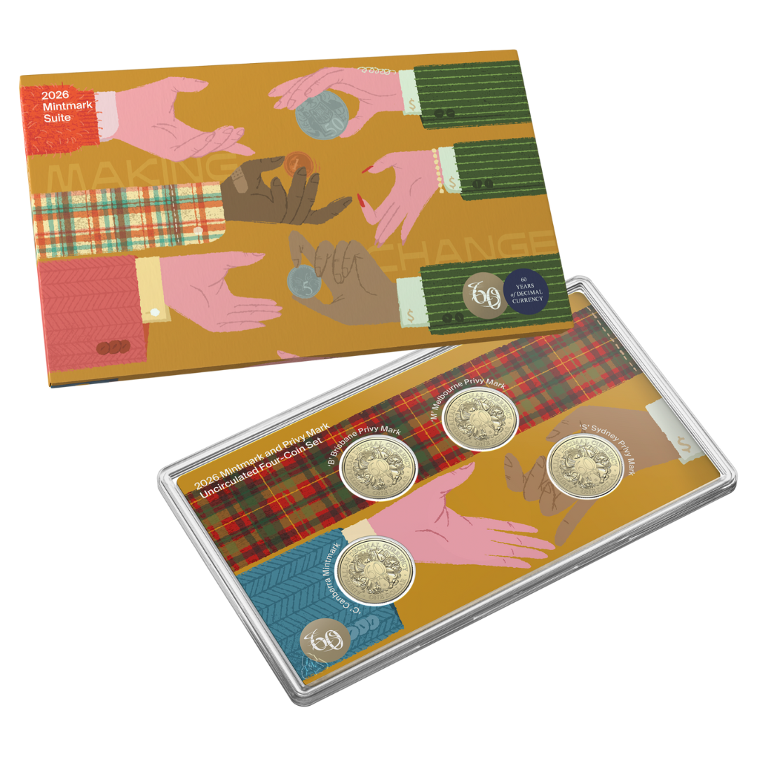 ROYAL AUSTRALIAN MINT 2026 UNCIRCULATED 'C' MINTMARK & PRIVYMARK $1 COIN SET - 60TH ANNIVERSARY OF DECIMAL CURRENCY