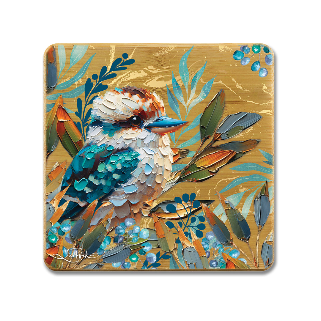 LISA POLLOCK BAMBOO COASTER SET OF 4 - CHARMING KOOKABURRA