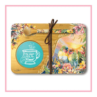 LISA POLLOCK BAMBOO TEA TIME TRAY WITH SPOON - SUNSET LOVEBIRDS