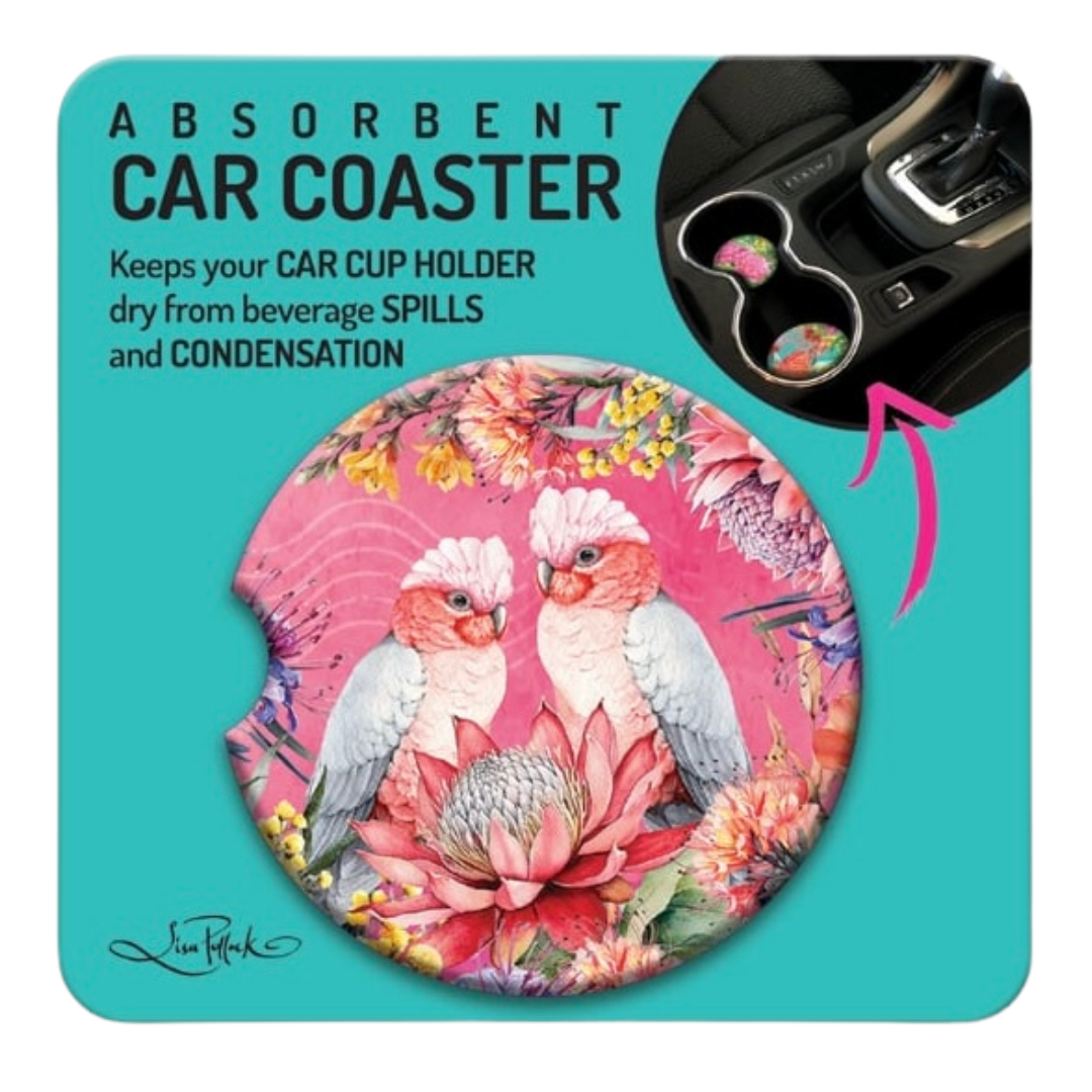 LISA POLLOCK CERAMIC CAR COASTERS [DES:PINK GALAHS]