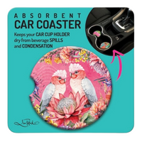 LISA POLLOCK CERAMIC CAR COASTERS [DES:PINK GALAHS]