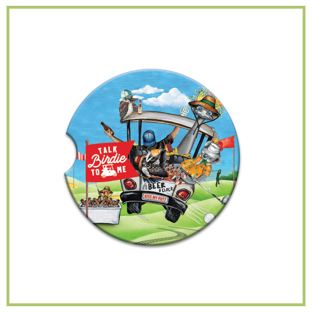 LISA POLLOCK CERAMIC CAR COASTER - BIRDIE GOLF [DES:BIRDIE GOLF]