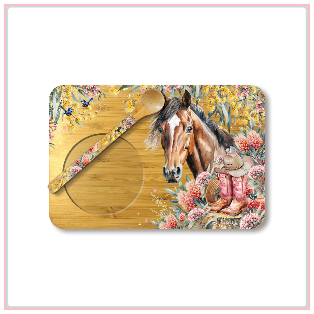 LISA POLLOCK BAMBOO TEA TIME TRAY WITH SPOON - COUNTRY DUSK