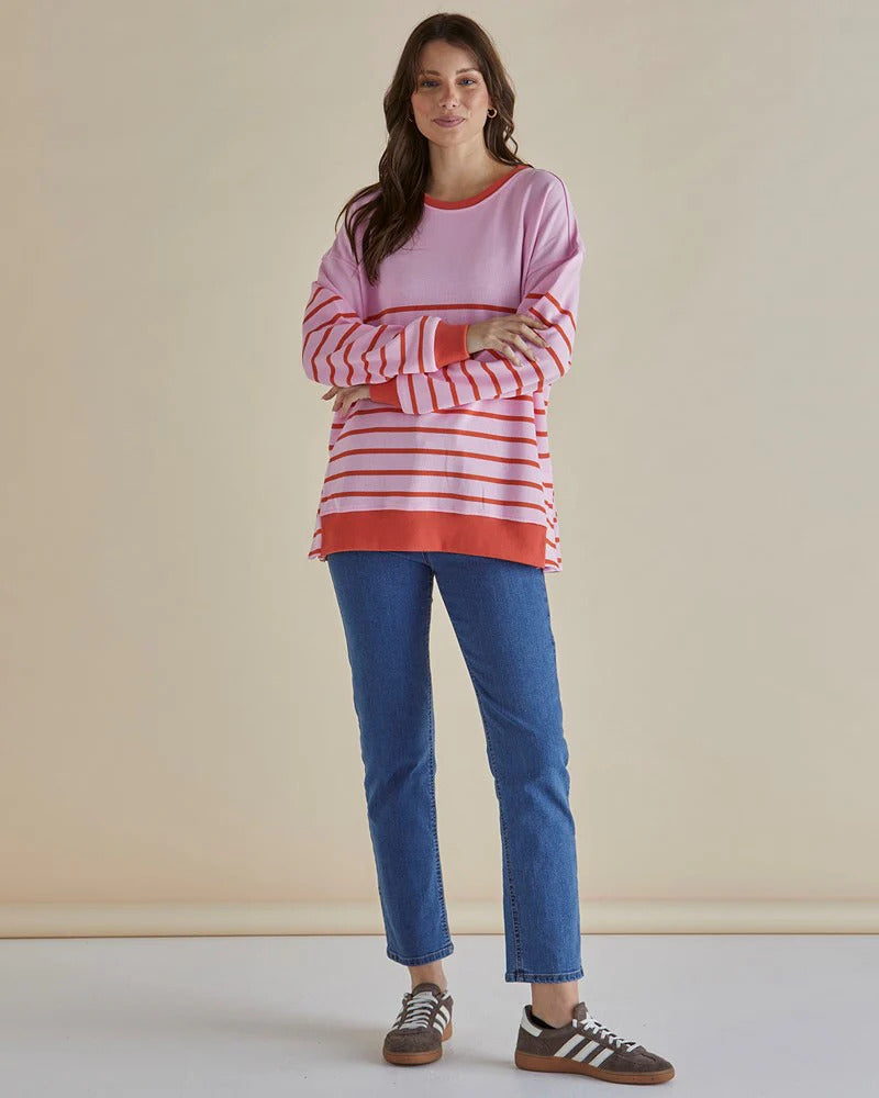 BETTY BASICS EASY CREW SWEATER PINK/ORANGE STRIPE [SZ:10]